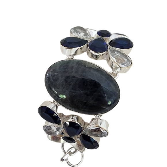 Blue sodalite gemstone bracelet silver + white topaz + blue faceted glass Q04 - Picture 6 of 14